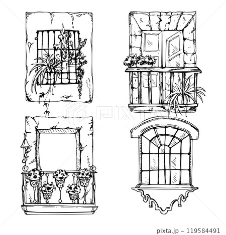 Mexican Mediterranean Moroccan window frame balcony, house plants, architectural facade exterior. Hand drawn ink vector illustration. Set of elements isolated on white for travel, vacation brochure Mexican Mediterranean Moroccan window frame balcony, house plants, architectural facade exterior. Hand drawn ink vector illustration. Set of elements isolated on white for travel, vacation brochure 119584491