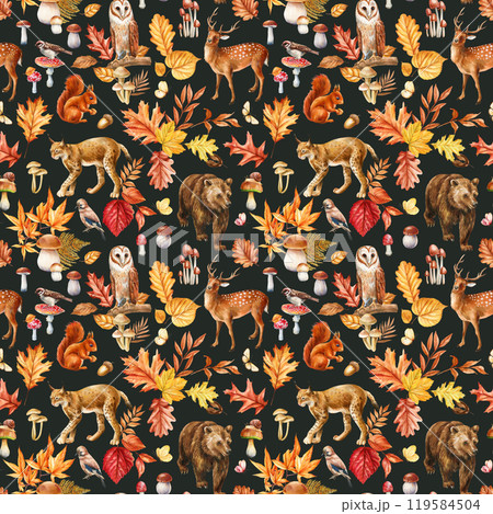Forest seamless pattern. Watercolor deer, bear, lynx, squirrel and owl. Autumn leaves, mushrooms, bird and wild animals 119584504