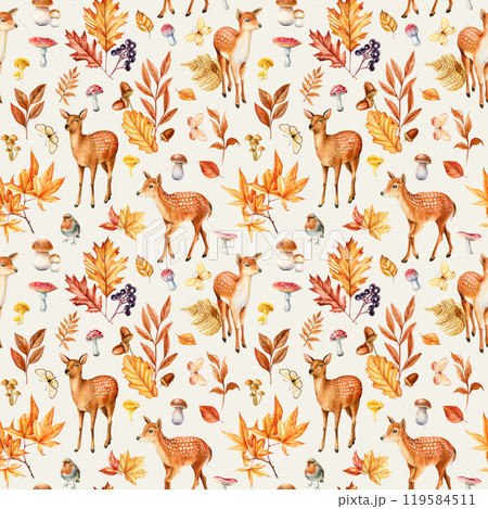 Seamless pattern with forest deer, autumn leaves, mushroom. Watercolor wildlife creatures. hand-painted woodland animals Seamless pattern with forest deer, autumn leaves, mushroom. Watercolor wildlife creatures. hand-painted woodland animals 119584511