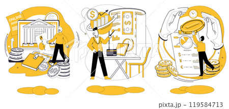 Savings account. Man depositing money, financial analysis on large charts, and protection of funds under a giant coin. Ideal for personal finance, digital banking, investments, budgeting Savings account. Man depositing money, financial analysis on large charts, and protection of funds under a giant coin. Ideal for personal finance, digital banking, investments, budgeting 119584713