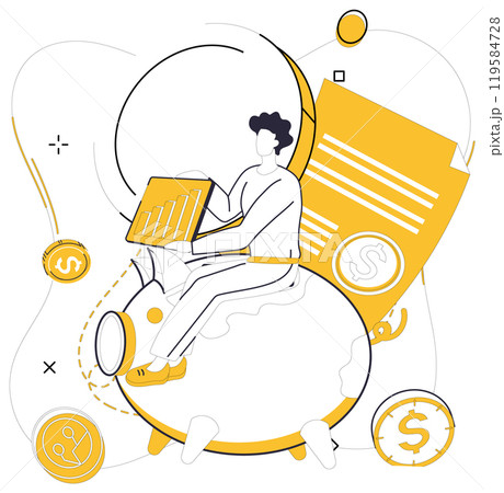 Savings account. Man sitting on piggy bank with tablet, surrounded by coins and financial documents. Ideal for banking, financial planning, investment, saving, and digital finance topics. Modern Savings account. Man sitting on piggy bank with tablet, surrounded by coins and financial documents. Ideal for banking, financial planning, investment, saving, and digital finance topics. Modern 119584728
