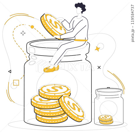 Savings account. A person sits on a large jar filled with coins, adding more to it, depicting the concept of growing savings. Ideal for promoting financial growth, planning, budgeting, investment Savings account. A person sits on a large jar filled with coins, adding more to it, depicting the concept of growing savings. Ideal for promoting financial growth, planning, budgeting, investment 119584737