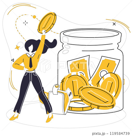 Savings account. Woman adding coin to jar, indicating saving money. Ideal for financial planning, personal savings, budget management, economic stability, and responsible investing. Flat design Savings account. Woman adding coin to jar, indicating saving money. Ideal for financial planning, personal savings, budget management, economic stability, and responsible investing. Flat design 119584739