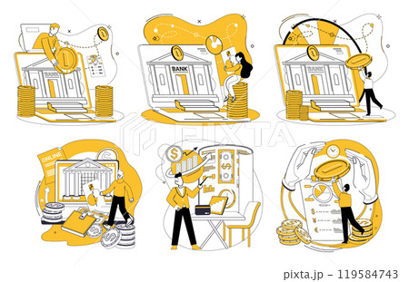 Savings account. Shows people interacting with banks, depositing and managing money. Ideal for finance, banking, saving, investments, personal finance. Simple line art style 119584743