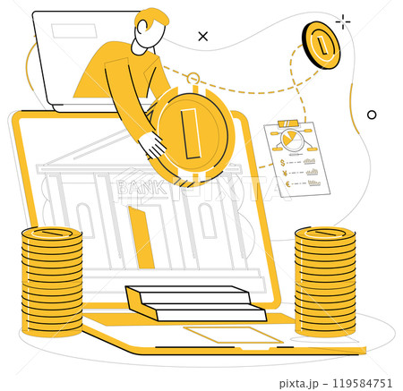 Online banking. A person is seen interacting with a laptop displaying a bank, making digital transactions using coins. Ideal for finance, technology, money management, digital transactions, online Online banking. A person is seen interacting with a laptop displaying a bank, making digital transactions using coins. Ideal for finance, technology, money management, digital transactions, online 119584751