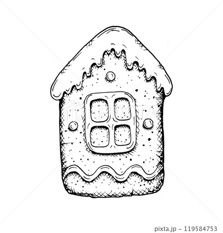 Merry Christmas treat, gingerbread house with icing. New Year vector illustration hand drawn with ink. Symbol of winter mood. New Year sweetness for bakery packaging, printing, gifts and handicrafts. Merry Christmas treat, gingerbread house with icing. New Year vector illustration hand drawn with ink. Symbol of winter mood. New Year sweetness for bakery packaging, printing, gifts and handicrafts. 119584753