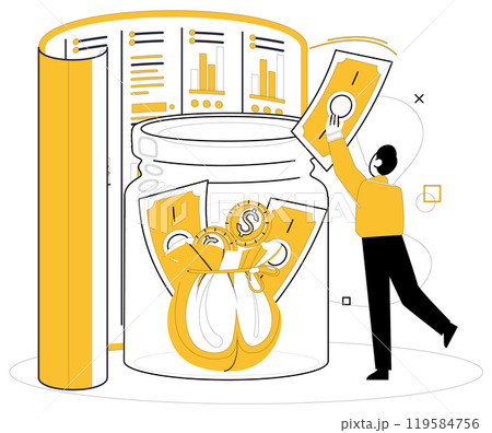 Savings account. A person deposits cash and coins into a jar. Financial reports with charts are in the background. Ideal for savings, financial planning, investment, money management, and budgeting Savings account. A person deposits cash and coins into a jar. Financial reports with charts are in the background. Ideal for savings, financial planning, investment, money management, and budgeting 119584756