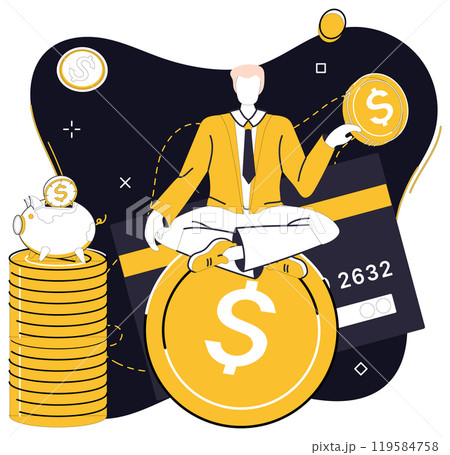 Savings account. A man in a suit sits on top of a large coin, holding a smaller coin in his hand, with a stack of coins, a piggy bank, and a credit card around him. Ideal for illustrating financial Savings account. A man in a suit sits on top of a large coin, holding a smaller coin in his hand, with a stack of coins, a piggy bank, and a credit card around him. Ideal for illustrating financial 119584758