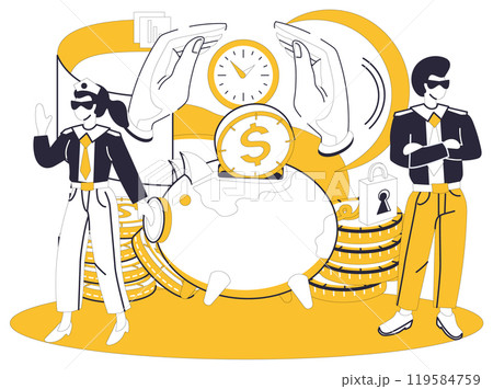 Savings account. Showcasing piggy bank, clock, coins, confident individuals, and secure lock. Ideal for financial planning, budgeting, investments, time management, and savings growth. Cartoon modern 119584759
