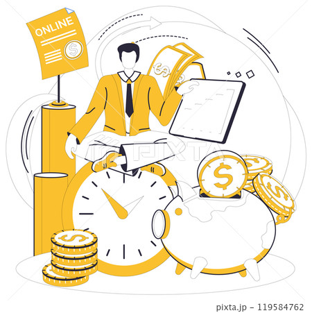 Savings account. This image shows a person with a piggy bank, coins, and clock, symbolizing financial growth through saving. Ideal for financial planning, time management, budgeting, investing 119584762