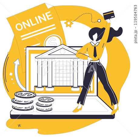 Online banking. Woman holding card in front of laptop with bank icon and coins. Ideal for digital transactions, banking apps, financial technology, e-commerce, and online payments. Flat graphic Online banking. Woman holding card in front of laptop with bank icon and coins. Ideal for digital transactions, banking apps, financial technology, e-commerce, and online payments. Flat graphic 119584763
