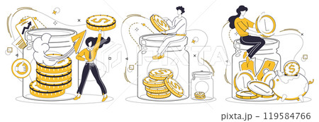 Savings account. Three people are managing savings stacking coins, placing coins in jars and digital investments. Ideal for financial planning, investment strategies, saving goals, banking education 119584766