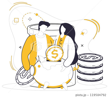 Savings account. A couple with a piggy bank and coins symbolizes financial planning and security. Ideal for family budgeting, future savings, financial education, investment, and money management 119584792
