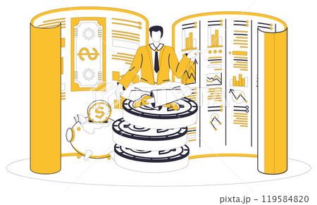 Savings account. A man in business attire sits meditating on a stack of coins. Surrounding him are financial charts and a piggy bank. Ideal for financial planning, saving strategies, investment 119584820