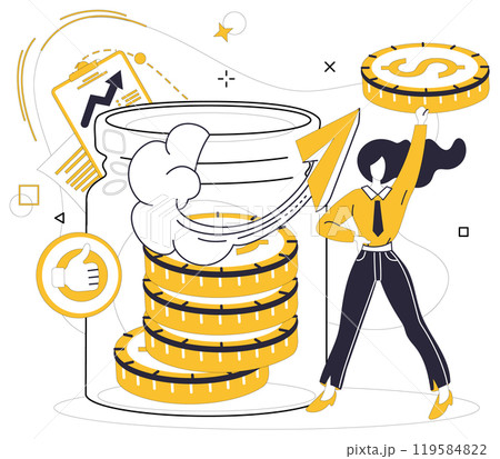 Savings account. A person standing next to a large jar of coins with ascending money growth charts and success symbols. Ideal for investment growth, financial planning, economic success, prosperity 119584822