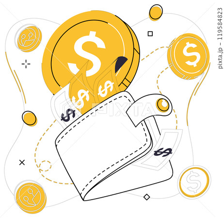 Savings account. A wallet with dollar bills and large coins around it with dollar symbols, illustrating financial themes. Ideal for money management, saving, finance education, banking, budgeting Savings account. A wallet with dollar bills and large coins around it with dollar symbols, illustrating financial themes. Ideal for money management, saving, finance education, banking, budgeting 119584823