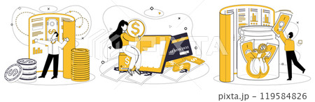 Savings account. Man standing next to a large coin stack and documents, woman with a coin and credit card, another man placing money into a jar. Ideal for financial planning, savings, banking 119584826