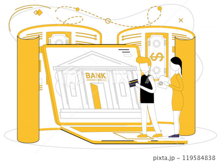 Savings account. A man and woman stand in front of a laptop displaying a bank building. Yellow and white tones dominate the background. Ideal for online banking, financial management, digital Savings account. A man and woman stand in front of a laptop displaying a bank building. Yellow and white tones dominate the background. Ideal for online banking, financial management, digital 119584838