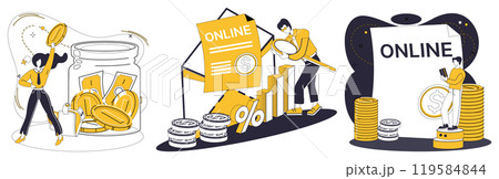Savings account. People manage savings, growth charts, online forms and coin stacks. Ideal for financial planning, investment, digital banking, saving money and interest rates. Modern, flat vector Savings account. People manage savings, growth charts, online forms and coin stacks. Ideal for financial planning, investment, digital banking, saving money and interest rates. Modern, flat vector 119584844
