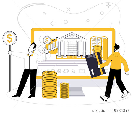 Savings account. Two individuals are showcasing banking elements on a computer screen with a bank building, coins, and a credit card. Ideal for finance, savings, digital banking, investments 119584858