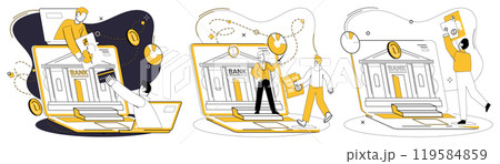 Online banking. People using laptops for managing finances, making transactions, and accessing banking services. Ideal for digital banking, financial management, mobile banking, e-commerce, money 119584859