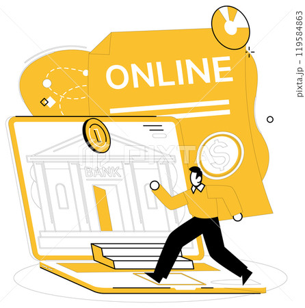 Online banking. Man accessing bank services through a laptop, symbolizing digital transactions and financial management. Ideal for internet banking, digital finance, financial technology, remote Online banking. Man accessing bank services through a laptop, symbolizing digital transactions and financial management. Ideal for internet banking, digital finance, financial technology, remote 119584863
