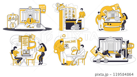 Savings account. Various people engaging in banking activities like online transactions financial planning and saving money while interacting with technology. Ideal for personal finance online 119584864