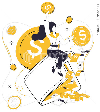 Savings account. A woman sits on an oversized wallet with coins and dollar bills. Ideal for financial growth, money management, budgeting, saving strategies, and financial security. Simple vector 119584874