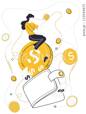 Savings account. A woman sitting on a large dollar coin with additional coins, cash, and a wallet around her. Ideal for financial growth, savings plans, money management, investments, and economic 119584875