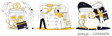 Savings account. Depicts people managing finances. One is depositing money, another reviewing a financial chart, and another putting money into a piggy bank. Ideal for budgeting, financial planning 119584876