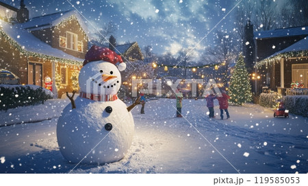 Playful snowman in a suburban backyard, kids playing in the snow, holiday decorations and twinkling Christmas lights. Christmas Playful snowman in a suburban backyard, kids playing in the snow, holiday decorations and twinkling Christmas lights. Christmas 119585053