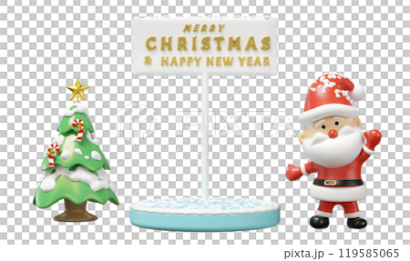 3d podium empty with santa claus, christmas tree, sign merry christmas and happy new year isolated. 3d render illustration 119585065