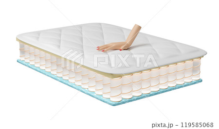Hand pressed on soft bed with layered sheet material mattress, air fabric, pocket springs, natural latex isolated. 3d render illustration 119585068