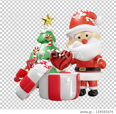 3d Santa claus with heart, open gift box, christmas tree isolated. poster or happiness cards, merry christmas, festive New Year concept, 3d illustration render 119585074