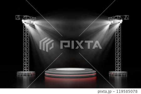 3d empty podium with lighting equipment, spotlight shines, black background. 3d illustration render 119585078