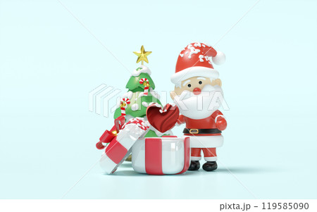 3d Santa claus with heart, open gift box, christmas tree isolated on blue background. poster or happiness cards, merry christmas, festive New Year concept, 3d illustration render 3d Santa claus with heart, open gift box, christmas tree isolated on blue background. poster or happiness cards, merry christmas, festive New Year concept, 3d illustration render 119585090
