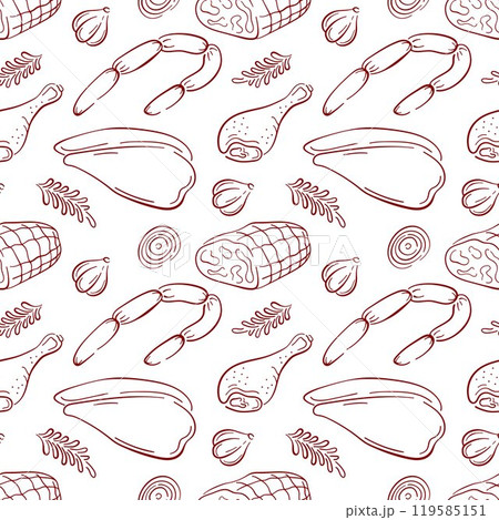 Seamless pattern of various meat cut, including chicken, sausage and ham in line art style. Ideal for food packaging, restaurant branding and culinary design. 119585151