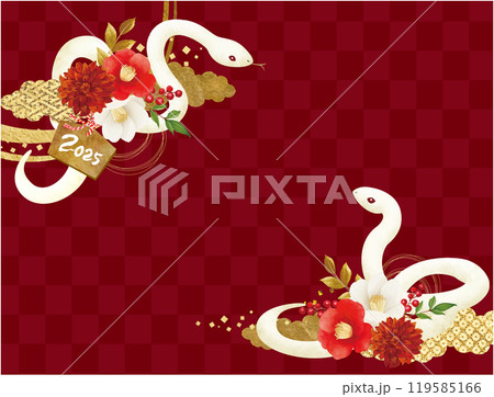 紅白の椿の花とゴールドの雲と白い蛇の年賀素材 119585166