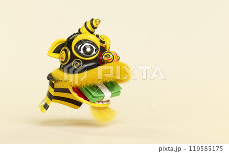 3d yellow lion dance head with banknote stack in mouth for festive chinese new year holiday isolated on beige background. 3d render illustration 3d yellow lion dance head with banknote stack in mouth for festive chinese new year holiday isolated on beige background. 3d render illustration 119585175