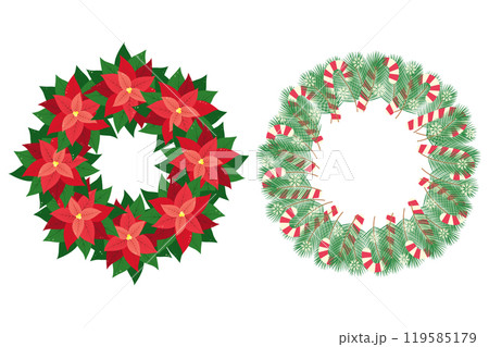 Poinsettia wreath and Pine twigs with Candy Cane and snowflakes Circle Frames in Christmas shades 119585179