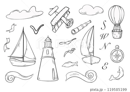 Adventure travel set with sailing boat and plane vintage style vector graphic illustration. Ship and lighthouse with spyglass, compass silhouette hand drawn ink. Hot air balloon and airplane outline. 119585199
