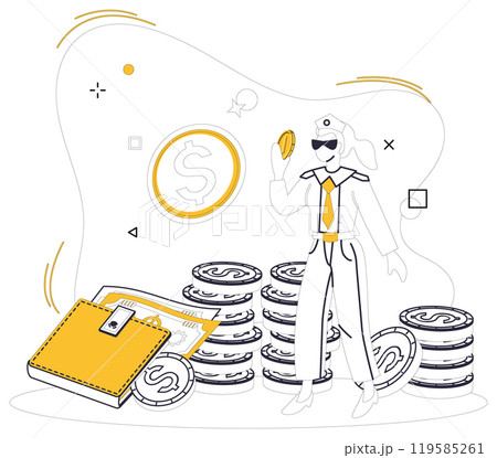 Savings account. A person wearing sunglasses and a cap holds a coin with stacks of other coins around them. A wallet with money is visible in the background. Ideal for financial security, investment 119585261