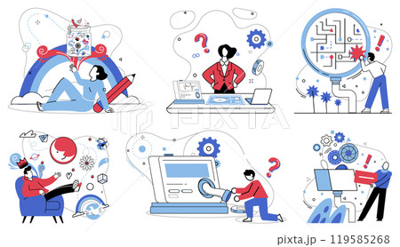 Thinking vector illustration. Reflective intelligence is compass, steering ship through waves information and analysis Imagination is butterfly, fluttering in meadow thoughtful contemplation 119585268