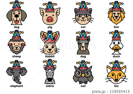 Set of illustrations in the concept of various animals wearing clown hats in a line style 119585413