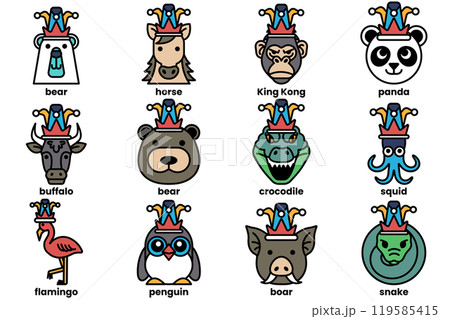 Set of illustrations in the concept of various animals wearing clown hats in a line style 119585415
