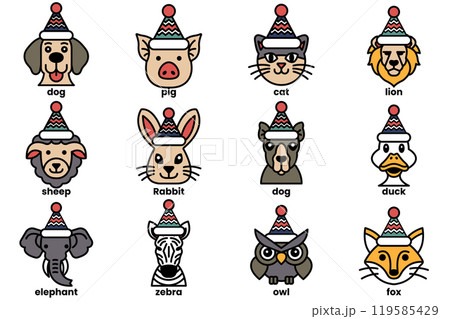 Set of illustrations in the concept of various animals wearing Christmas hats in a line drawing style Set of illustrations in the concept of various animals wearing Christmas hats in a line drawing style 119585429