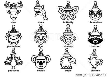 Set of illustrations in the concept of various animals wearing Christmas hats in a line drawing style 119585434