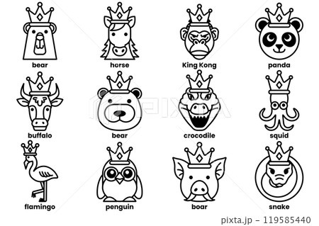 Set of illustrations in the concept of various animals wearing crowns in a line art style. Set of illustrations in the concept of various animals wearing crowns in a line art style. 119585440