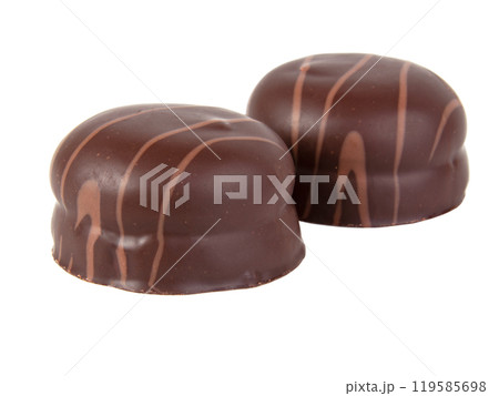 Cookie in chocolate glaze with mousse filling isolated on the white Cookie in chocolate glaze with mousse filling isolated on the white 119585698