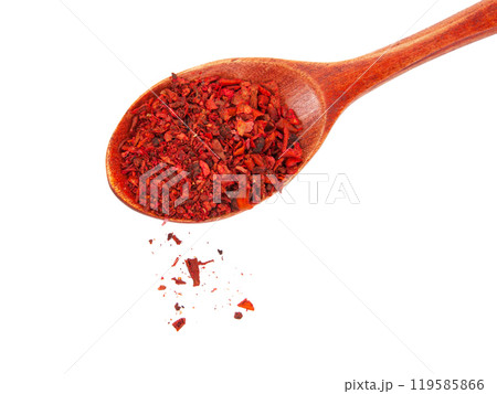Dried tomato and paprika spice in wooden spoon isolated on the white background 119585866